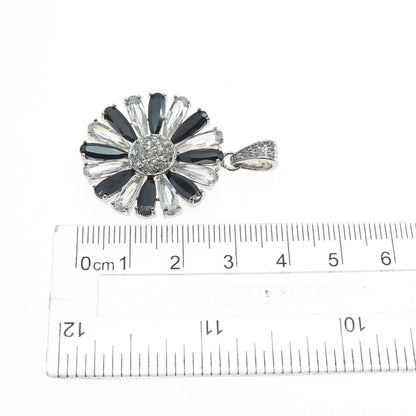 925 Sterling Silver Black & White C Z Daisy Flower Charm Pendant