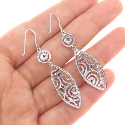 925 Sterling Silver Vintage Real Amethyst Ornate Oxidized Dangle Earrings