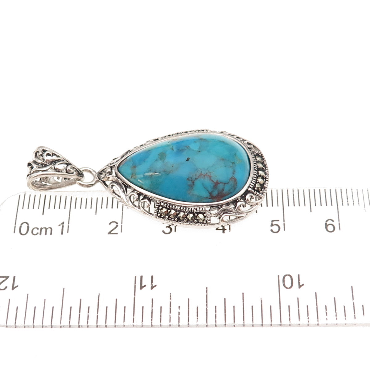 925 Sterling Silver Real Turquoise & Marcasite Teardrop Oxidized Charm Pendant