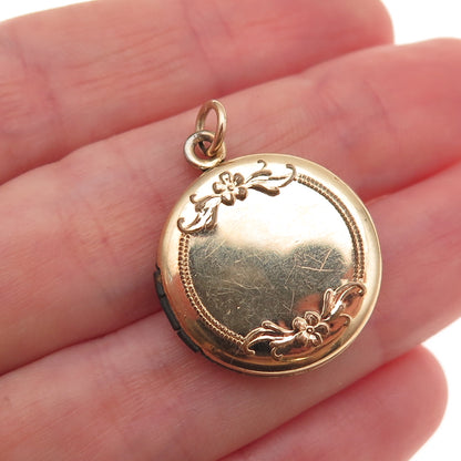 Gold Filled Antique Art Deco Engraved Floral Heart Round Locket Charm Pendant