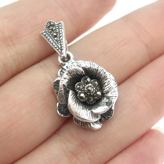 925 Sterling Silver Vintage Real Marcasite Gemstone Rose Floral Pendant