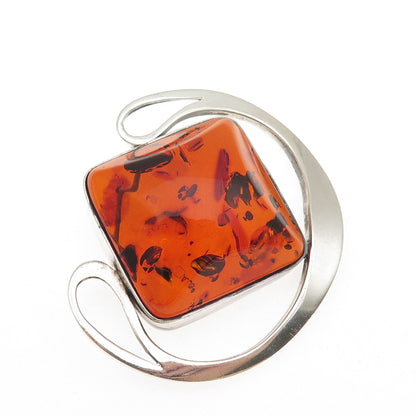 925 Sterling Silver Vintage Real Amber Modernist Oxidized Large Pin Brooch
