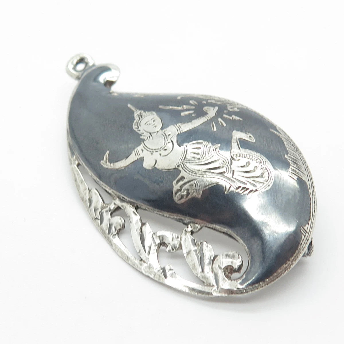 925 Sterling Silver Vintage Siam Niello Hindu Goddess Pin Brooch / Pendant