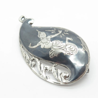 925 Sterling Silver Vintage Siam Niello Hindu Goddess Pin Brooch / Pendant