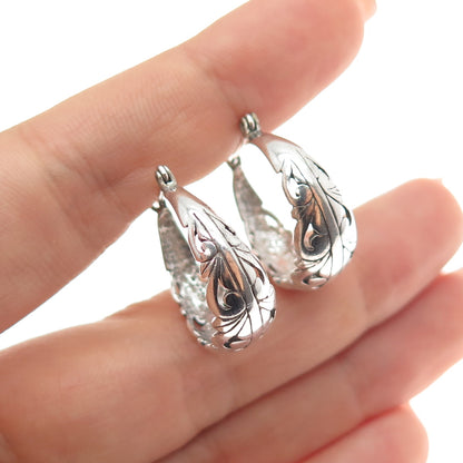 925 Sterling Silver Vintage Ornate Floral Oxidized Hoop Earrings