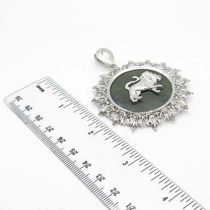 925 Sterling Silver Vintage Real Jade Gemstone Lion / Leo Zodiac Sign Pendant