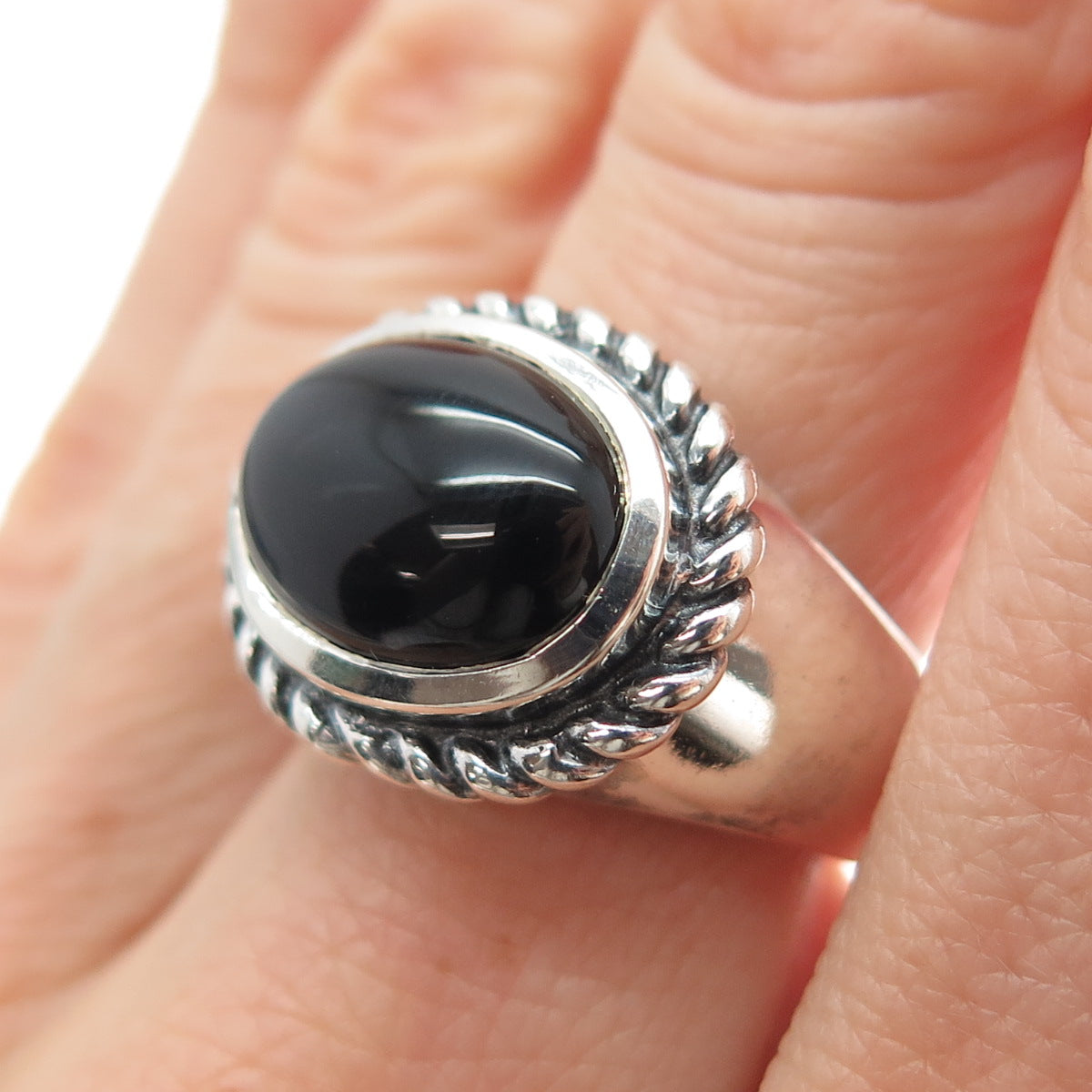 925 Sterling Silver Vintage Real Cabochon Black Onyx Oxidized Ring Size 7.25