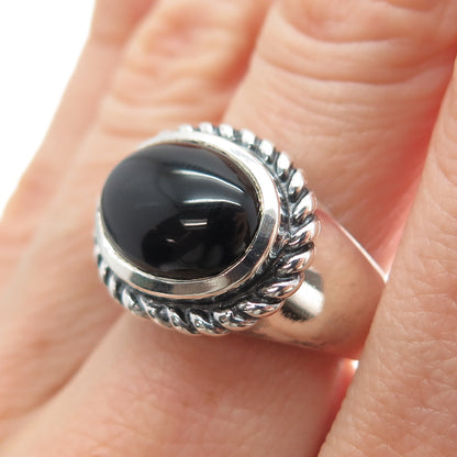 925 Sterling Silver Vintage Real Cabochon Black Onyx Oxidized Ring Size 7.25