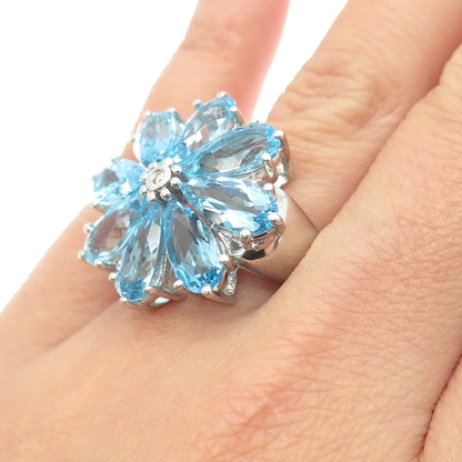 925 Sterling Silver Real White Diamond & Swiss Blue Topaz Gem Ring Size 7.25