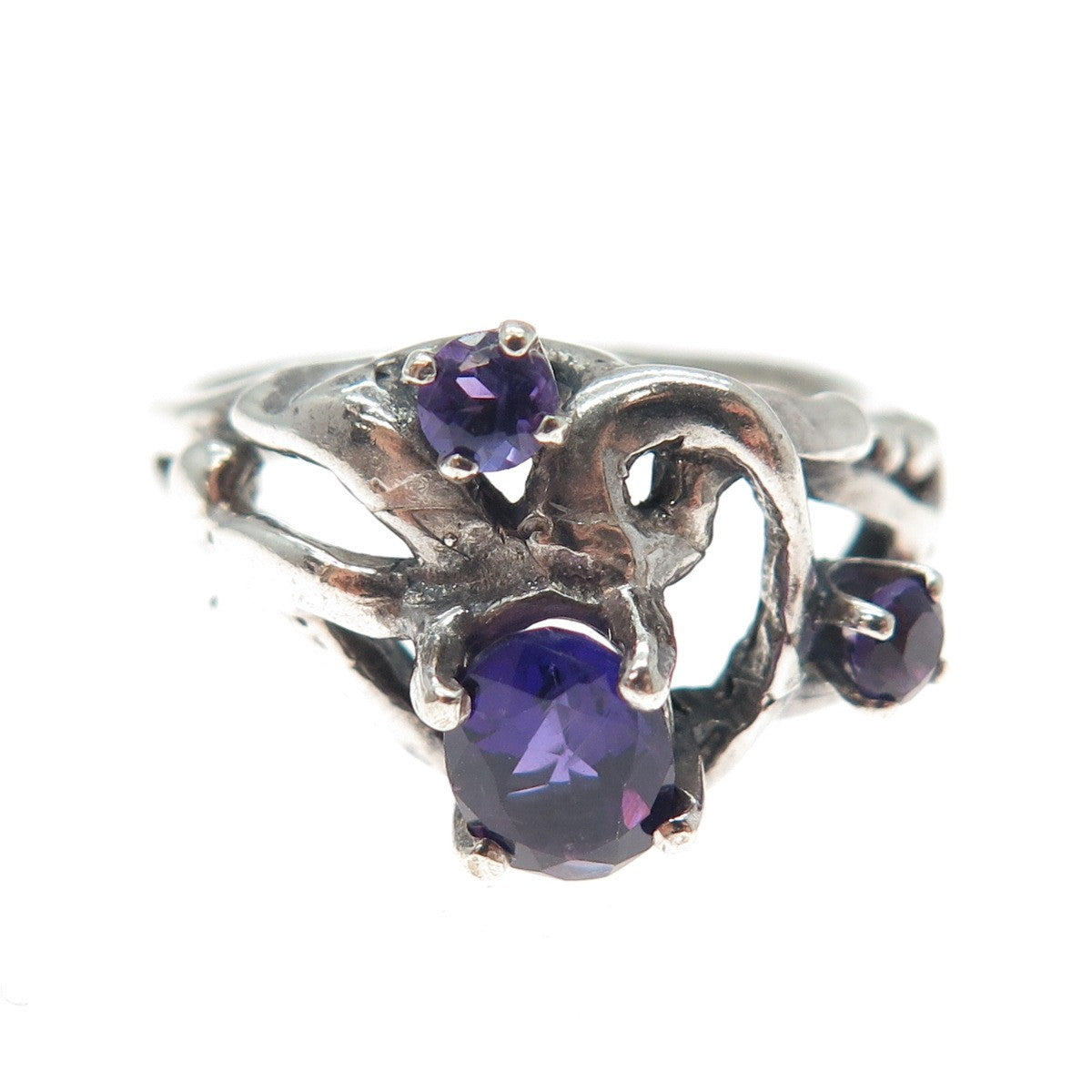 925 Sterling Silver Vintage Real Amethyst Modernist Oxidized Ring Size 8