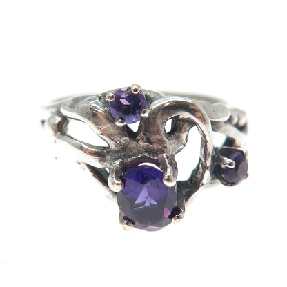 925 Sterling Silver Vintage Real Amethyst Modernist Oxidized Ring Size 8