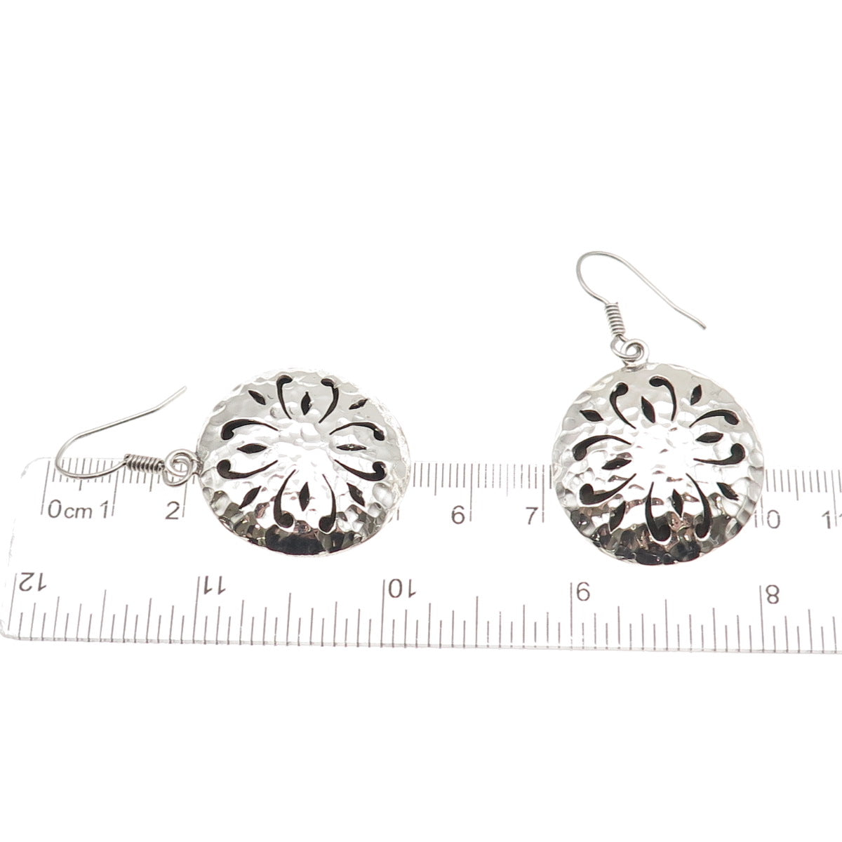 925 Sterling Silver Vintage Modernist Floral Hammered Dangle Earrings