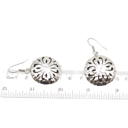 925 Sterling Silver Vintage Modernist Floral Hammered Dangle Earrings