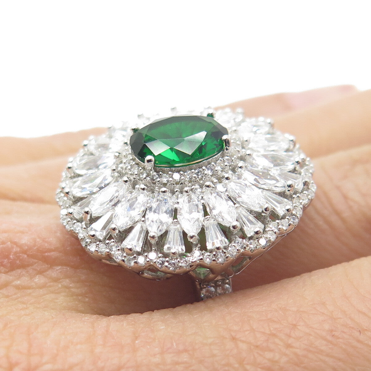 DSMK 925 Sterling Silver Chrome Diopside & Multi-Cut C Z Cluster Ring Size 7.25