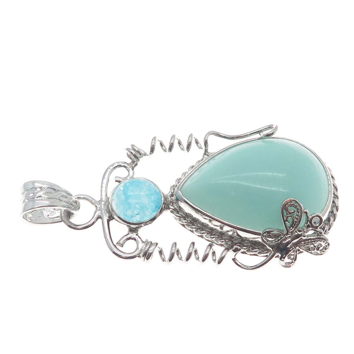 925 Sterling Silver Vintage Real Larimar Blue Quartz Butterfly Teardrop Pendant