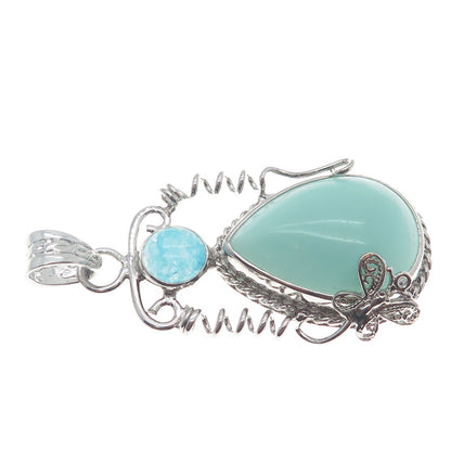 925 Sterling Silver Vintage Real Larimar Blue Quartz Butterfly Teardrop Pendant