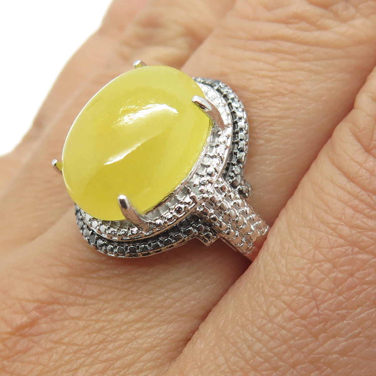 CHUCK CLEMENCY 925 Sterling Silver Real Diamond & Yellow Jade Ring Size 8