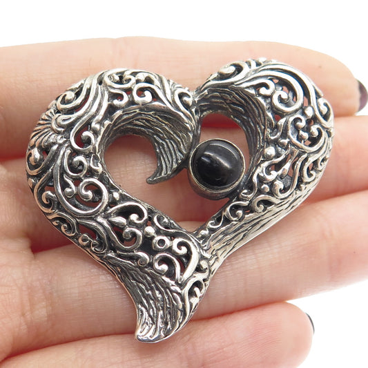 925 Sterling Silver Vintage Real Black Onyx Ornate Heart Oxidized Pendant