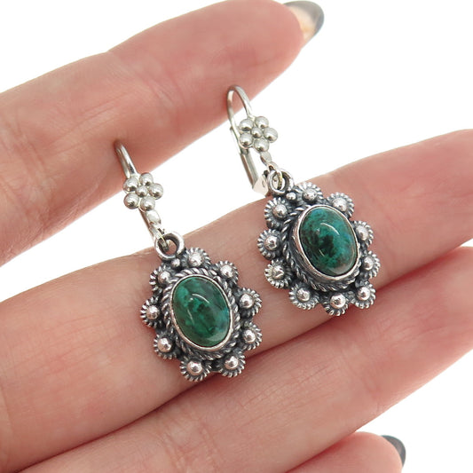 925 Sterling Silver Vintage Real Malachite Gem Cannetille Floral Dangle Earrings