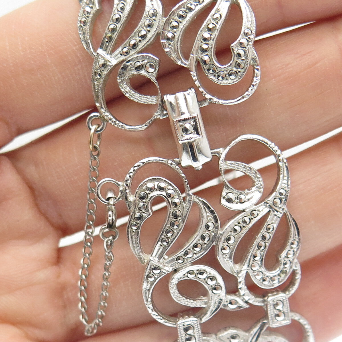 925 Sterling Silver Antique Art Deco Real Marcasite Ornate Bracelet 7.5"