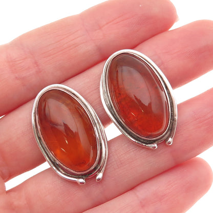 925 Sterling Silver Vintage Real Amber Modernist Clip On Earrings