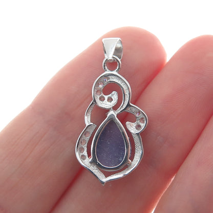 925 Sterling Silver Real Lavender Jade & C Z Minimalist Charm Pendant