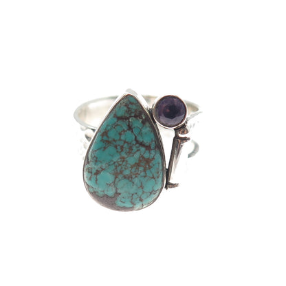 925 Sterling Silver Vintage Real Turquoise & Amethyst Modernist Ring Size 8.25