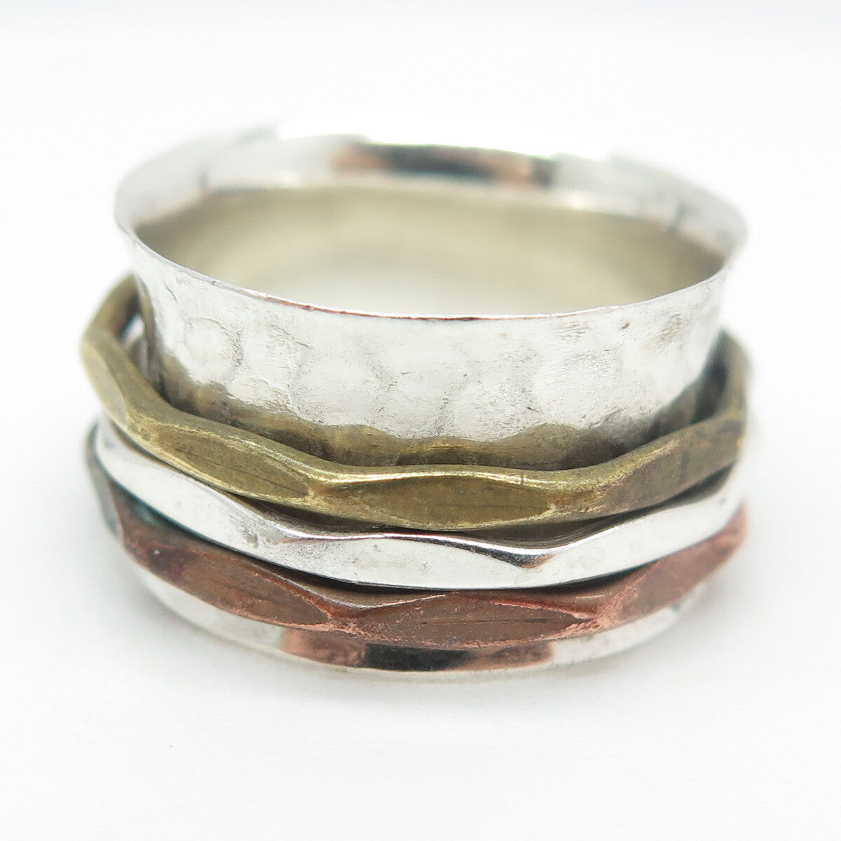 925 Sterling Silver 3-Tone Vintage Hammered Rotating Multi-Band Ring Size 8.5