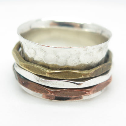 925 Sterling Silver 3-Tone Vintage Hammered Rotating Multi-Band Ring Size 8.5
