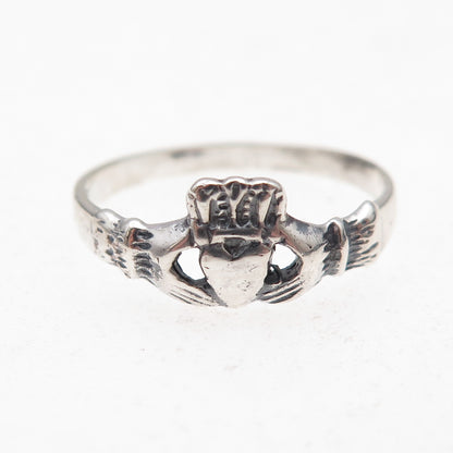 925 Sterling Silver Vintage Irish Claddagh Oxidized Ring Size 9