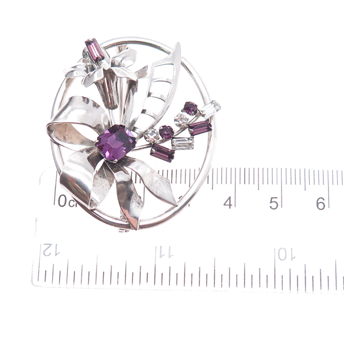 CARL ART 925 Sterling Silver Antique Purple & White Rhinestone Bow Pin Brooch
