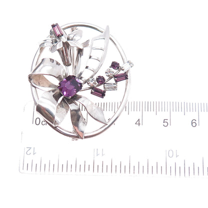 CARL ART 925 Sterling Silver Antique Purple & White Rhinestone Bow Pin Brooch