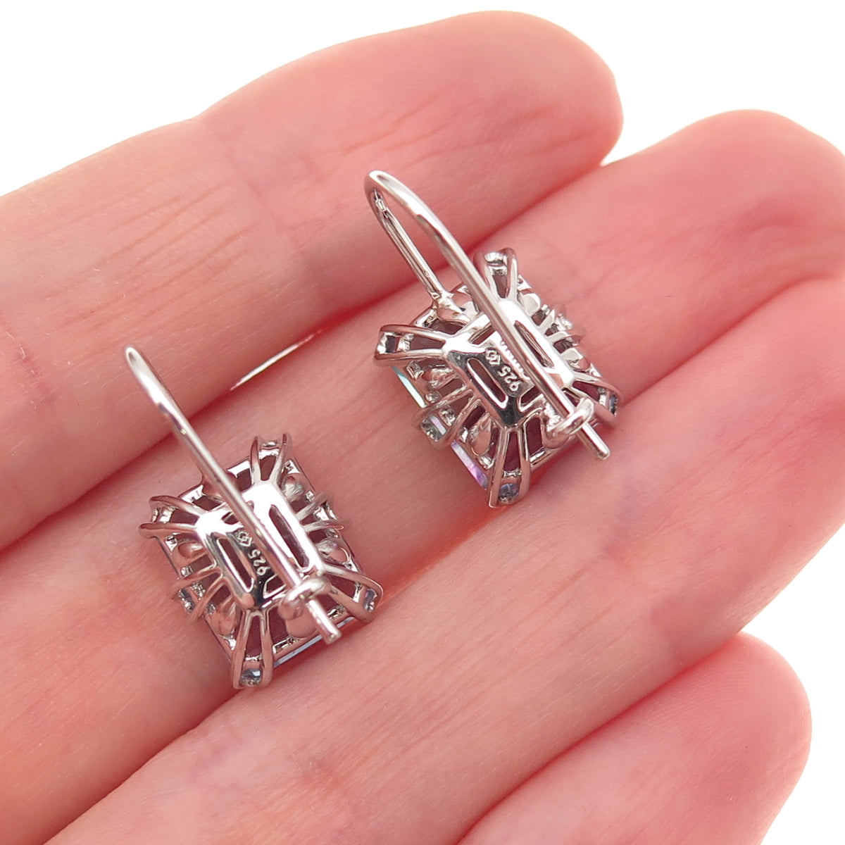 925 Sterling Silver Vintage Real Emerald-Cut Watermelon Tourmaline Earrings
