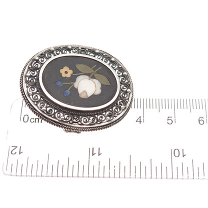 800 Silver Antique Art Deco Real Multi-Color Gem & MOP Floral Pin Brooch Pendant