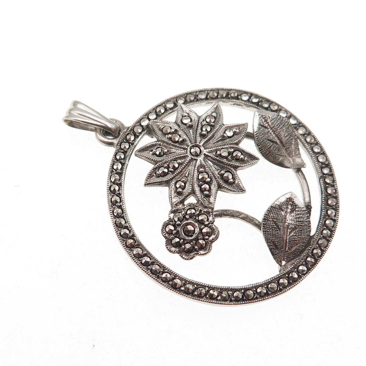 925 Sterling Silver Antique Art Deco Real Marcasite Floral Charm Pendant