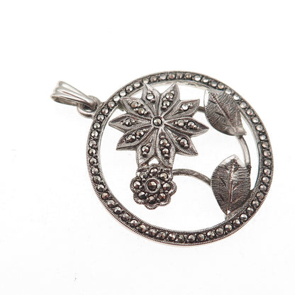 925 Sterling Silver Antique Art Deco Real Marcasite Floral Charm Pendant