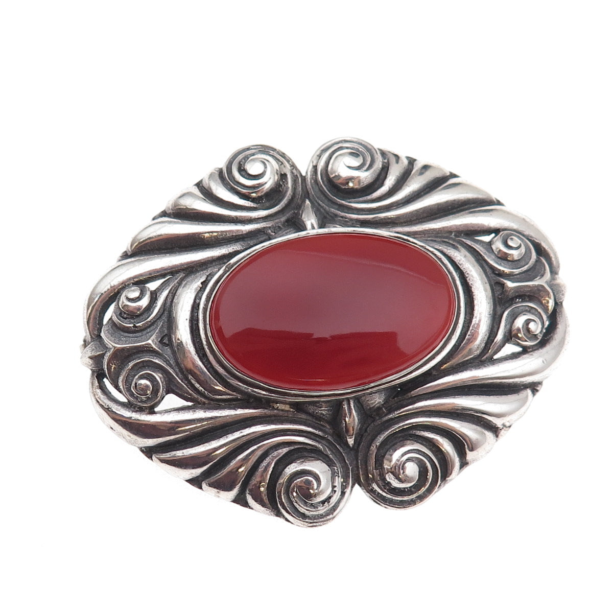 925 Sterling Silver Vintage Real Carnelian Modernist Oxidized Pin Brooch