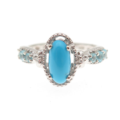 Chuck Clemency 925 Sterling Real Turquoise White Topaz & Aquamarine Ring Size 8