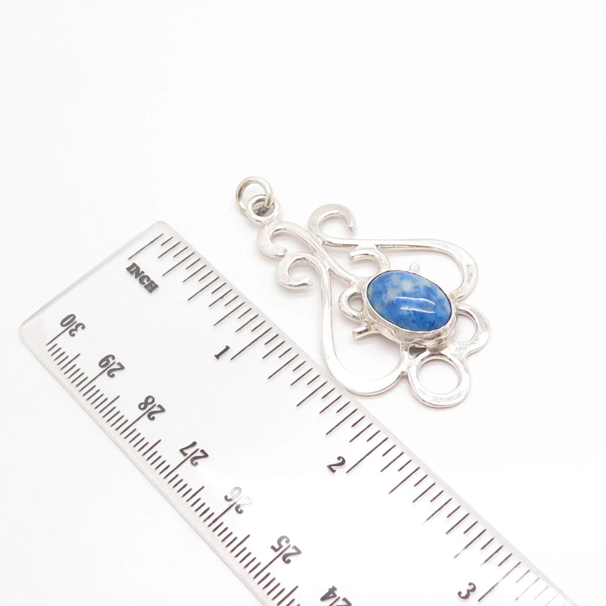 925 Sterling Silver Vintage Real Blue Agate Gemstone Ornate Pendant
