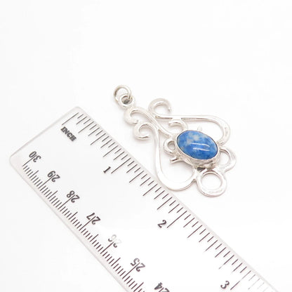 925 Sterling Silver Vintage Real Blue Agate Gemstone Ornate Pendant