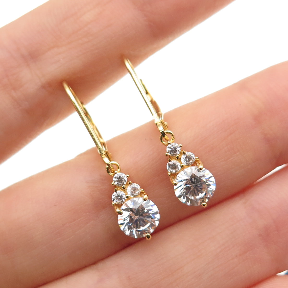 925 Sterling Silver Gold Plated Round-Cut C Z Dangle Earrings