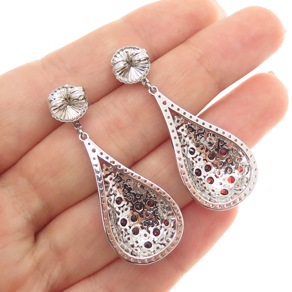 925 Sterling Silver Real Red Garnet & C Z Cluster Teardrop Dangle Earrings