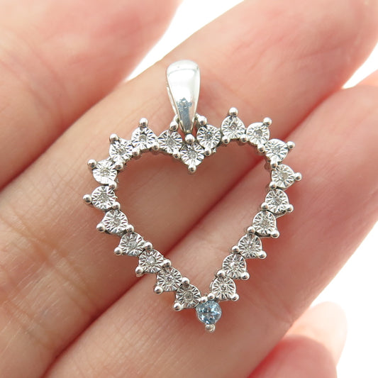 925 Sterling Silver Real Round-Cut Diamond & Nano Aquamarine Heart Pendant