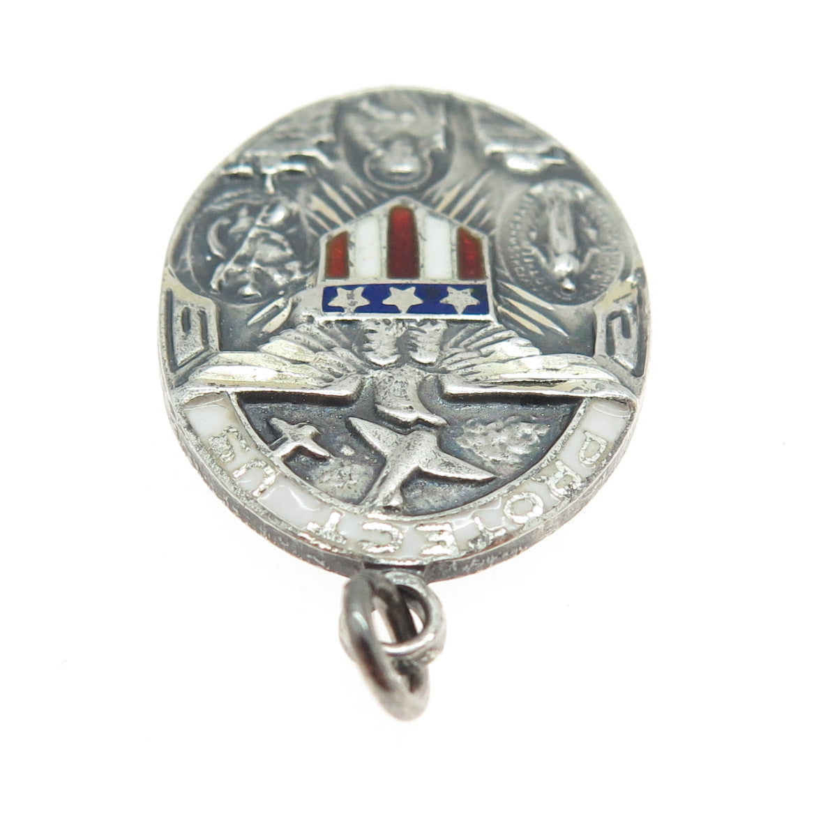 925 Sterling Silver Antique Art Deco Enamel WWII US Army Religious Pendant