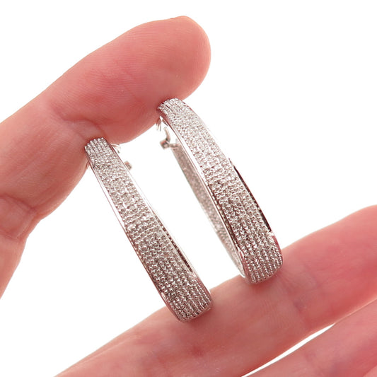 925 Sterling Silver Real Round-Cut Diamond In & Out Hoop Earrings