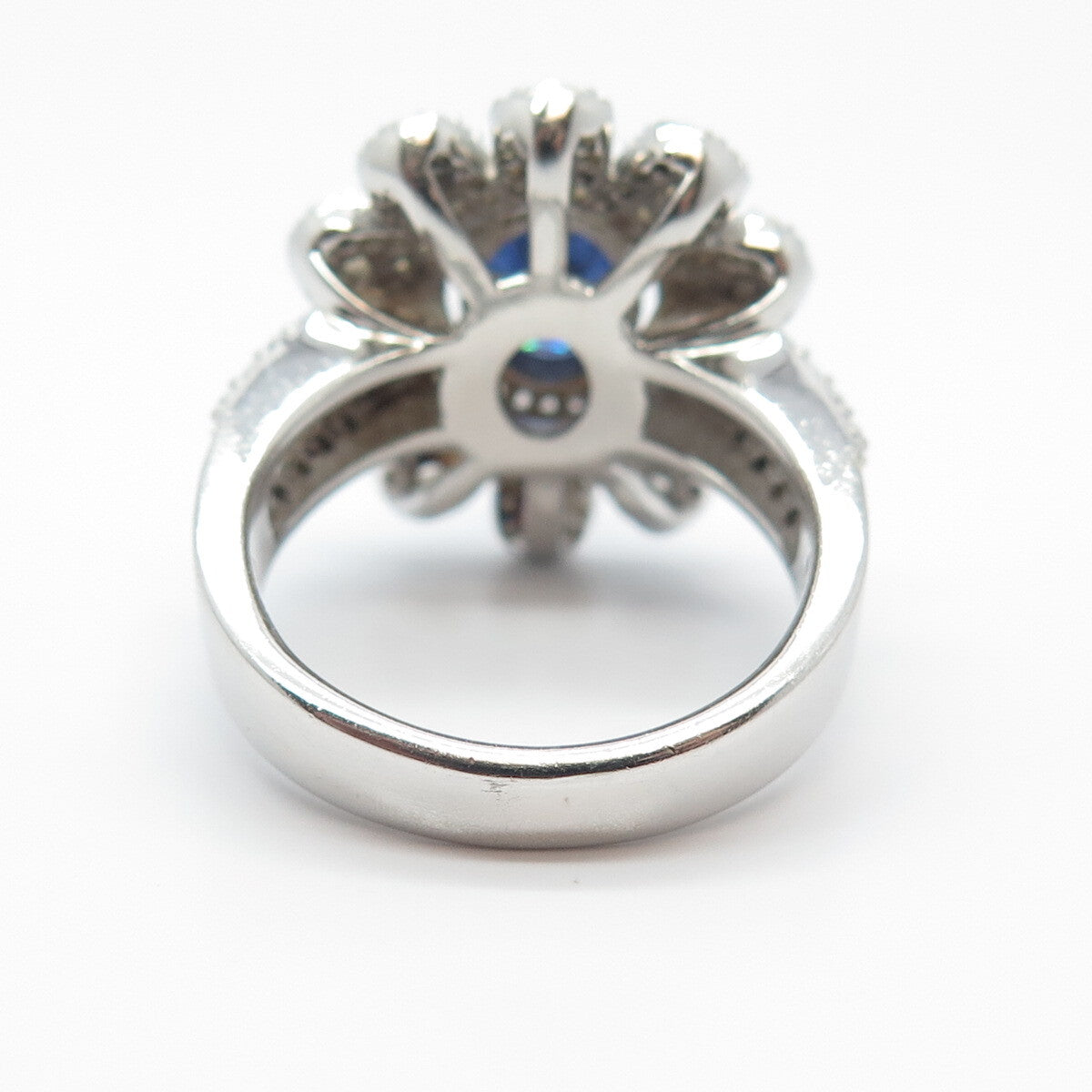 925 Sterling Silver Real Tanzanite & White C Z Floral Ring Size 8
