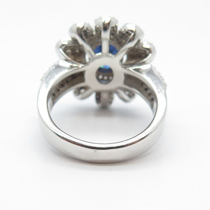 925 Sterling Silver Real Tanzanite & White C Z Floral Ring Size 8