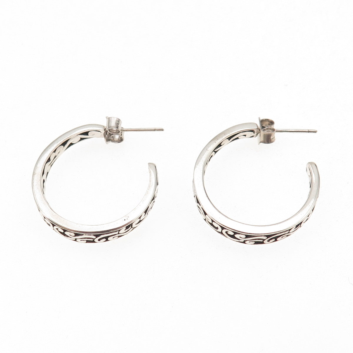 925 Sterling Silver Vintage Floral Scroll Oxidized Hoop Earrings