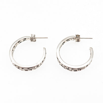 925 Sterling Silver Vintage Floral Scroll Oxidized Hoop Earrings