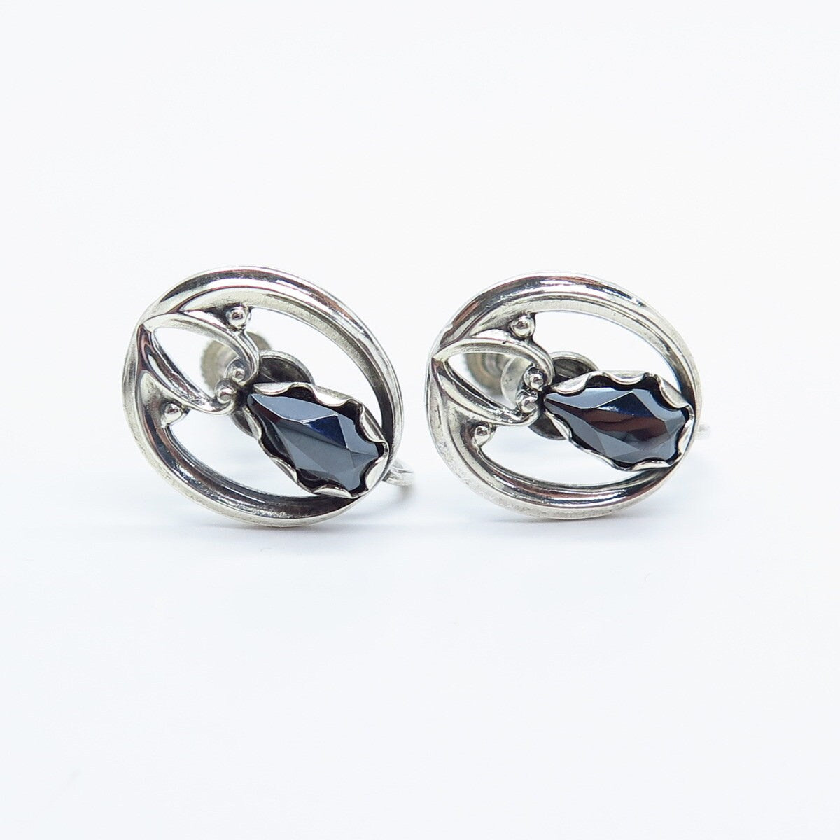 925 Sterling Silver Vintage Real Hematite Gemstone Screw Back Earrings